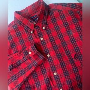 Ralph Lauren Chaps Men's Red Plaid Logo Cotton Long Sleeve Button Up Shirt Large